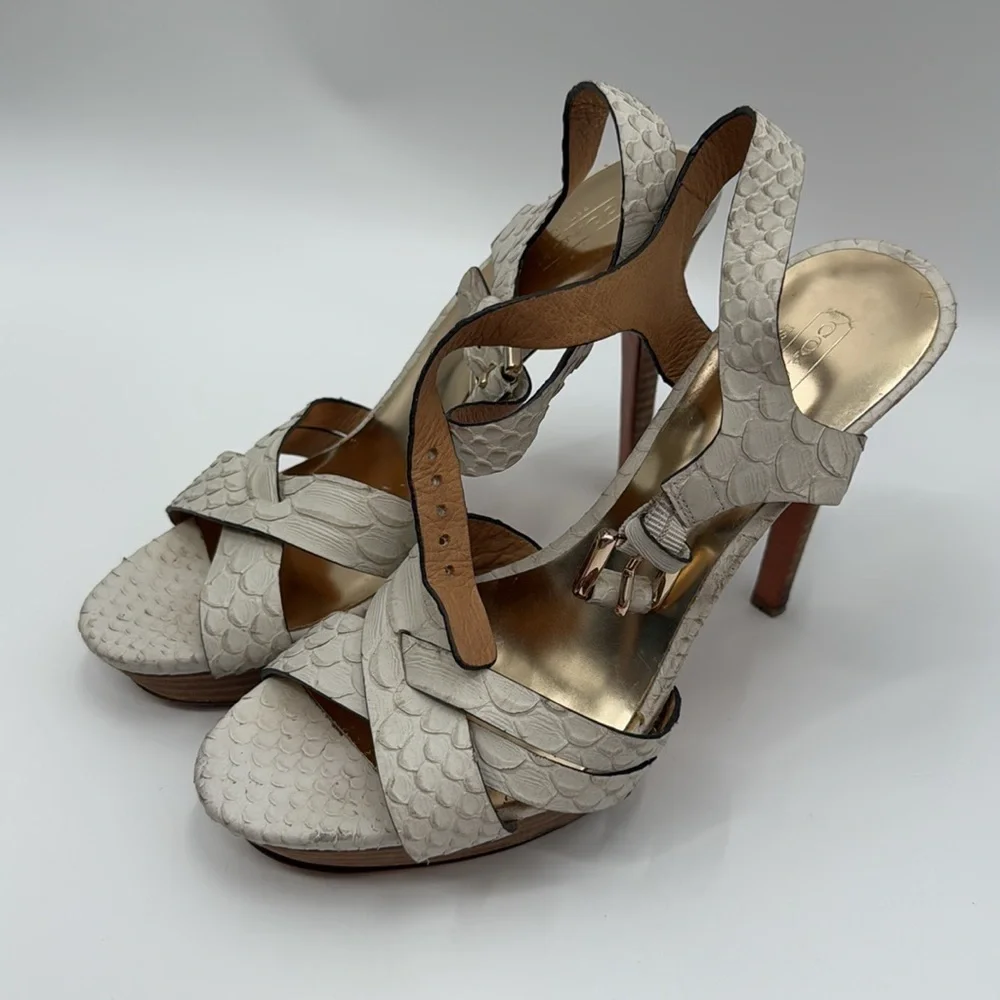 Coach Dani Size 9B White Cream Heels with Strappy Design Snakeskin Print